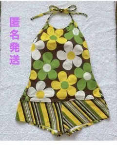 【9M 】花柄　ストライプ セパレート　ショートパンツ　ビキニ　イエローブラウン