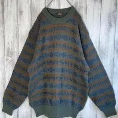 90s ヴィンテージ レトロ 日本製 デザインニット セーター 総柄 古着 L