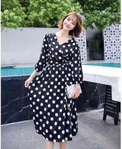 5L 新品 ワンピース 黒 水玉