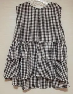 しまむら　辻希美　ブラウンチェック　ノースリーブ　フリル　チュニック　春服