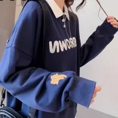 ネイビー XL ロゴ入り 長袖ポロシャツ トレーナー スウェット クマ 韓国