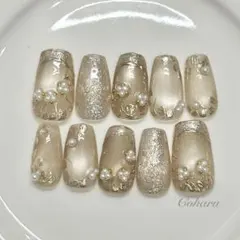 ネイルチップ　シャンパンゴールド　フラワーネイル　結婚式　卒業式　入学式　現品