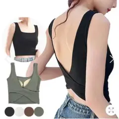 ストレッチクロスデザインブラトップ ブラック　クロップド丈　バックオープン　M