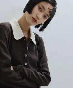 AERブラウン ホワイト 襟付き長袖ニット 1回着用_美品