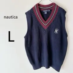 ノーティカ ニットベスト メンズ ケーブル編み Vネック ロゴ刺繍 コットン