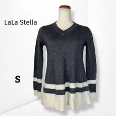【ララステラ】Vネック 配色ニット チュニック ウール混 フレアシルエット Sのサムネイル