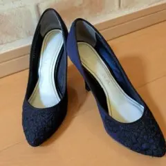 ネイビー レース　 ポインテッドトゥ ハイヒール　パンプス