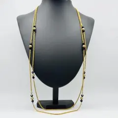 イヴサンローラン 2連ロングネックレス YSL ロゴ ゴールド 黒 金 パールのサムネイル