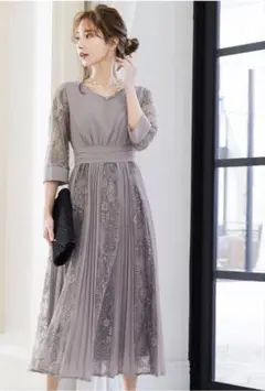 niana プリーツ×レース 7分袖ドレス