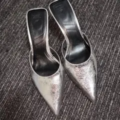 ZARAシルバー ポインテッドトゥ ミュール 高ヒール 37