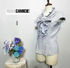 ナラカミーチェ　極上美品　ストレッチ有　フリル　半袖ブラウス　ストライプ柄