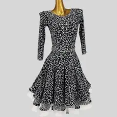 黒と白のヒョウ柄 長袖フレアスカートダンスドレス