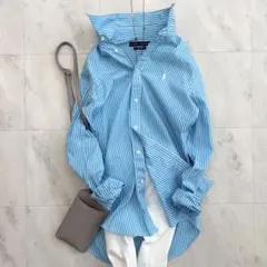 美品RALPH LAURENコットンシャツ 水色ストライプ 白ポニー刺繍のサムネイル