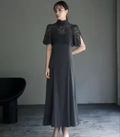 グレー レース付きハイネック ロングドレス Mサイズ