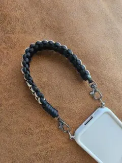 【454】しっかりダブル　太め　ハンドストラップ　ブラック×ベージュ