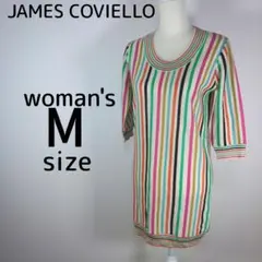 レディース　Mサイズ　ニット　ワンピース　五分袖　カラフル　ストライプ　秋　冬