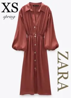 新品★完売ZARAサテンギャザー入りシャツワンピース S〜M ピンク