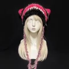 猫耳ニット帽 ハンドメイド 編み物 ピンク 黒のサムネイル