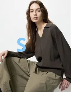 ウォッシャブルニットリブポロセーター ブラウン S