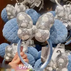 上海ディズニー　シルバードットスパンコールリボン　デニム　カチューシャ