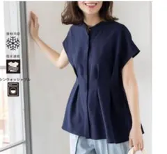 オペークドットクリップ　リネンライクタックフレンチスリーブブラウス　ネイビー　L