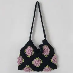 グラニーバッグ 黒×ピンク 花モチーフ