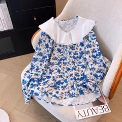 大きいサイズ トップス　襟付き　レディース 春夏　 新品 長袖　ブルー　花柄ｊ６