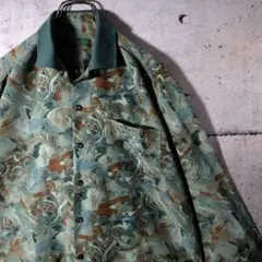 【古着】　90s　ビンテージ　長袖シャツ　総柄　アート柄　リブ　レトロ　カーキ