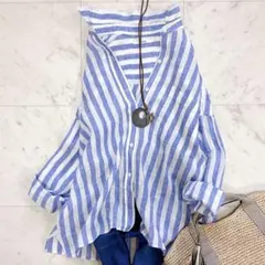 美品 ギャルリーヴィー リネン100％ ストライプシャツ 洗える ネイビー