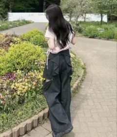 バックリボンサイドカットワイドデニム