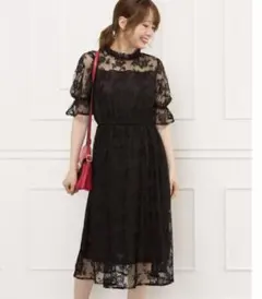 レース分袖プチハイネックワンピース／ブラック
