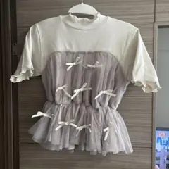 フリルリボン付き半袖トップス