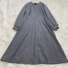 1566 美品✨裏起毛 ロング丈長袖ワンピース フレア ストライプ グレー 防寒