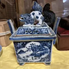 九谷   古美術     【染附 】   獅子摘み　大迫力　香炉　アンティーク 九谷 古美術 【染附 】 獅子摘み 大迫力 香炉 アンティーク 2025