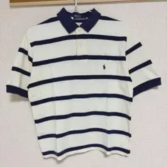 ポロシャツ ホワイト/ネイビー ストライプ　ラガーシャツ　トップス　丈短め