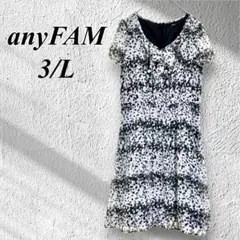 【anyFAM】水玉シフォンワンピース3/Lモノトーン抽象柄ひざ丈ワンピース
