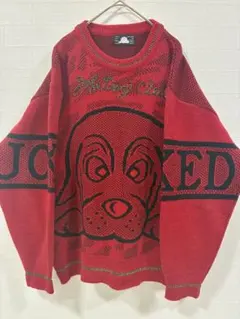 【JOKE DOG CLUB 】犬柄ニットセーター レッド オーバーサイズ　LL