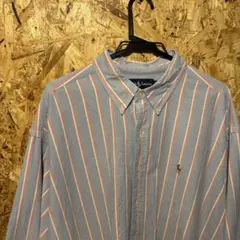 90s ラルフローレン 長袖　ストライプ　ブルー　ホワイト　レッド古着 XXL