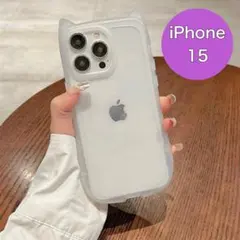 iPhone15　猫耳　スマホケース　カバー　推し活　韓国　背面クリア　ホワイト