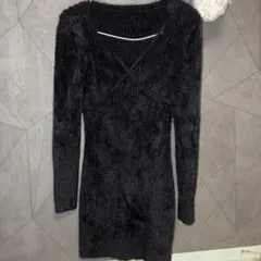黒いファーニット長袖ミニワンピース　セクシー　デート服