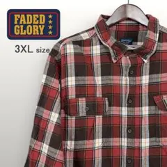 【訳あり】FADED GLORY 長袖チェックシャツ 赤茶 6L相当 0341のサムネイル