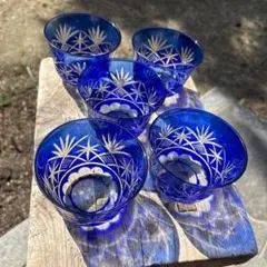 切子グラス　冷茶グラス　青色カットグラス5個セット 鮮やかブルー