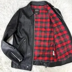 希少✨666 トリプルシックス トラッカージャケット レザー チェック 黒 赤