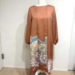 着物リメイク ハンドメイド 長袖 ロングワンピース 絹 小梅 吉祥文様 