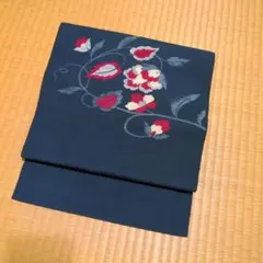 ネイビー 花柄刺繍 名古屋帯
