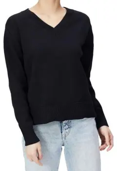 Vネック セーター スタイリッシュ ブラック 黒 コットン ニット 秋 冬 春