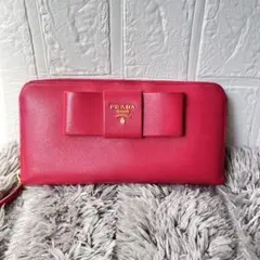 美品 PRADA フィオッコ ラウンドファスナー 長財布 ピンク レディース