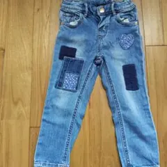 H&M デニム パッチワークパンツ ハート刺繍 90