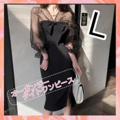 ワンピース オーガンジー レース ドレス パーティー 結婚式 上品 お洒落 L