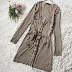 【LAUTREAMONT】ロングカーディガン　ベルト付　薄手ニット　２　茶　Aのサムネイル